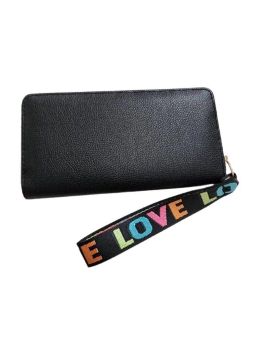 Black Pebble Leather Zip Around Wristlet Wallet with Colorful "LOVE" Strap
